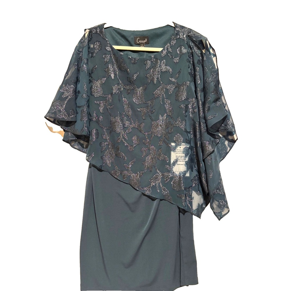 Connected Apparel Teal Metallic Burnout Floral Capelet Sheath Dress Sz 6 wedding